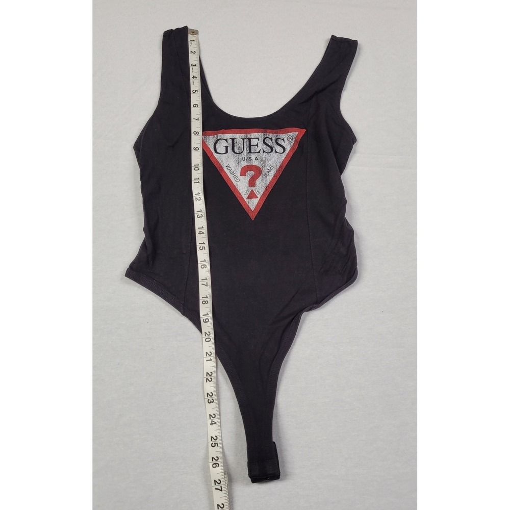 GUESS Black Scoop Neck Sleeveless Bodysuit Iconic Distressed Logo Womens Size S - Picture 9 of 10